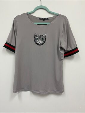 Julian Chang Gray Sequin Tabby Cat  Tee - Gray with Green Accent size L
